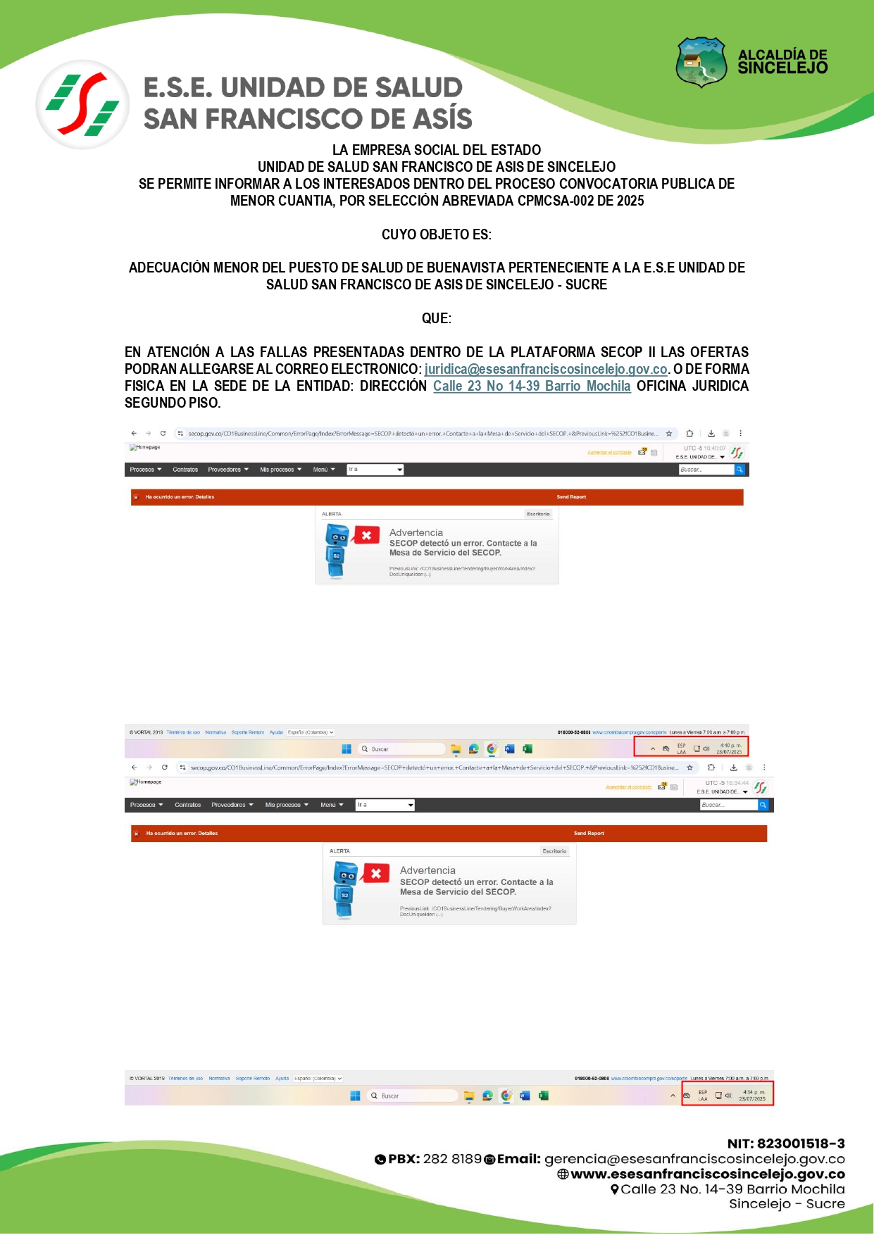 INDISPONIBILIDAD SECOP 2